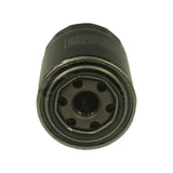 Bottom-end view of filter showing central threaded inlet, rubber gasket ring and six anti-drain-back inlet holes arranged around the centre boss. Metal construction.