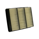Three-quarter view from lower-left showing left side and bottom of filter. Stepped/notched black plastic frame corners visible; no markings on any face.