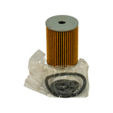 Filter element and O-ring kit removed from box, placed on white background. Top end-cap (flat steel disc with central inlet hole) clearly visible; pleated amber/ochre paper media wraps the full cylinder. O-ring set in plastic bag alongside.