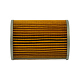 Side profile of the filter element laid horizontally, showing the full length of the pleated amber paper media and both steel end-caps with rolled seaming edge.