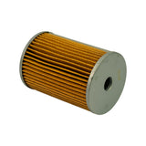 Three-quarter angled view of the filter element showing the bottom steel end-cap with central port hole. Faint stamped markings visible on end-cap surface (partially legible).