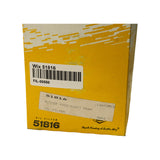 Close-up of box face showing retailer sticker 'Wix 51816' with barcode, FIL-00550 internal stock label, and original printed cross-reference sticker reading '51816 / R2323P RYCO/C1677 FRAM / OIL FILTER / Locn:MIS / Gen1'; DANA logo visible lower-right