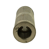 Top-down view of filter element showing open upper end revealing inner perforated steel centre tube and filter media; flat steel end cap with rolled seam around outer rim