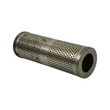 Filter element laid at angle showing full length side profile; perforated outer metal canister, rolled end caps top and bottom; outer surface shows light oxidation patina consistent with long shelf storage