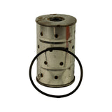 Filter element upright, side view, with black rubber O-ring lying in front. Perforated metal outer canister visible with amber filter media showing through multiple circular holes arranged in rows; light surface corrosion on metal.