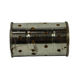 Filter element laid horizontally showing full length of perforated cylindrical body; both flanged end caps visible; surface rust streaks present on outer shell.