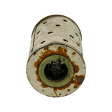 Bottom-up view of filter showing centre inlet port surrounded by heavy orange-brown surface rust ring on the flat end cap face; green gasket/sealing surface visible around port.