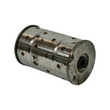 Three-quarter angled view showing perforated canister body and flat end cap face at right; light rust marks on outer shell.