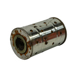 Three-quarter angled view from opposite end, showing bottom face with rust ring around centre port and perforated body; confirms cylindrical form factor.