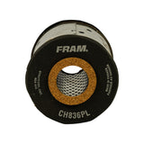 Bottom end cap face-on, clearly showing embossed FRAM logo, stamped part number CH836PL, cork sealing gasket, and text 'STRATFORD, ONT. N5A 6Y4 / MADE IN CANADA / FABRIQUÉ AU CANADA'.