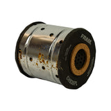 Three-quarter view showing end cap with CH836PL, FRAM logo, Made in Canada text and Stratford address alongside oxidised canister body.