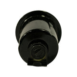 Bottom-end view of filter showing central banjo-bolt recess, flanged end cap, and single bracket tab protruding at base. No visible stamping or markings on this face.