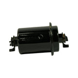 Filter laid on its side showing full length profile: cylindrical body with flanged disc at each end and banjo-bolt fittings on both ends. Bracket tabs visible at each end. Gloss black paint in good condition with minor handling marks.