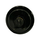 Top-end face view showing central banjo-bolt recess with moulded directional arrow or flow symbol, flanged cap, and bracket tab at bottom of frame.