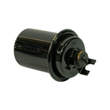 Three-quarter view showing top fitting end. 'OUT' text stamped/moulded on top flange face, confirming outlet port orientation. Banjo-bolt recess and bracket tab clearly visible.