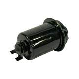Three-quarter view showing bottom fitting end (inlet side). Banjo-bolt recess and bracket tab visible. Inlet port opposite to OUT-marked outlet end.