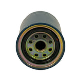 Base plate of filter showing spin-on threaded centre port surrounded by eight inlet holes in a ring pattern, gold-zinc chromate plated steel baseplate, black rubber sealing gasket visible.