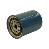 Three-quarter angled view showing base plate with inlet holes and centre thread, rubber gasket, and blue painted body — confirms spin-on diesel fuel filter format.
