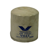 Filter canister front face showing blue Valvoline logo, 'Valvoline Oil Filter VO23 interchangeable with Z89A' text printed on white painted steel body. Surface shows shelf dust and minor grime consistent with NOS storage.