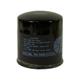 Opposite side of canister showing installation caution instructions printed in blue: apply oil to gasket, hand tighten, wrench 3/4 turn, check for leakage.