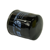 Three-quarter low-angle view of filter showing Full logo, 'OIL FILTER' and 'HIGH QUALITY' text on black body. Rubber sealing gasket and crimped base edge clearly visible.