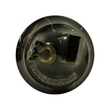 Bottom face of filter canister showing central threaded inlet, brass hex fitting, and moulded instruction text: 'FOR DISASSEMBLING FUEL PIPING, LOOSEN SLOWLY THE SERVICE BOLT ABOVE THE FILTER TO RELIEVE THE FUEL PRESSURE BEFORE DISASSEMBLY.'
