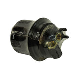 Side profile of filter neck showing two brass hex-nut threaded inlet/outlet fittings consistent with banjo-bolt EFI fuel filter design.