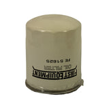 Filter body side view showing cream/off-white painted steel canister. 'First Equipment Oil Filter FE 51625' text clearly legible. Thin plastic protective film partially intact around base flange. No seam or dome damage visible.