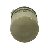 Top cap (closed end) of filter in off-white paint. 'First Equipment Oil Filter FE 51625' text visible around upper edge. Cap is smooth dome-shaped with no fittings. Thin protective plastic film partially visible at flange edge.