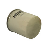Three-quarter angle view of filter tilted to show both side labelling and base plate partially. 'First Equipment Oil Filter FE 51625' text visible. Protective film intact around base flange area. Cream painted body in good condition.