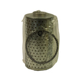 Filter element front view in original plastic bag. Cylindrical perforated metal canister with flat end cap visible through wrap. Rubber sealing gasket visible at bottom circumference of element.