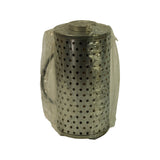 Filter element side view in plastic bag, showing full height of perforated metal outer shell with ribbed/corrugated profile visible along body.