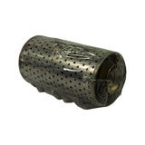 Filter laid on its side showing full length profile. Perforated metal outer shell with longitudinal ribs visible along body. End cap at right side.