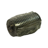 Three-quarter angle of filter element showing perforated metal outer canister and one end cap. Partial stamped text partially legible on flat base.