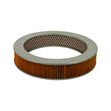 Side-angle low view showing the complete depth of the orange pleated paper media band and lower flat metal end cap. No damage or deformation visible.