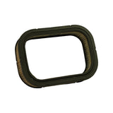 Three-quarter view from above showing the reverse face. Black rubber frame, pleated element visible through mesh. Small moulded tabs on frame at two opposite corners. Faint part number marking visible on top edge of frame but not yet legible.