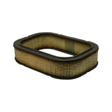 Three-quarter view from below, filter lying flat. Shows the bottom sealing face with black rubber gasket all around. Pleated element visible inside. Two small moulded bump-stops visible on lower corners of frame.