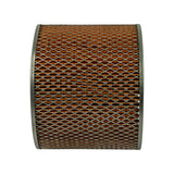 Side profile close-up of outer metal mesh screen showing diamond-pattern expanded metal; upper and lower rolled steel rim flanges visible; orange pleated paper media behind mesh