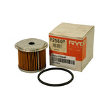 Group shot: filter element and rubber O-ring seal laid in front of original Ryco R2584P orange-and-white cardboard box. Box label shows barcode 9 412835 012263, date code 09/07/07, and G.U.D. (N.Z.) LIMITED, 61-69 Patiki Rd, Avondale, Auckland. O-ring appears supple and undamaged.