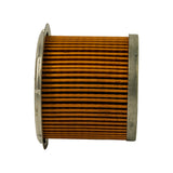 Side profile of filter element showing full height, pleated amber media spanning end-to-end between flanged top cap and flat bottom cap.