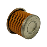 Angled view showing filter bottom cap face — plain stamped steel, no markings. Concentric rings visible from pressing process.