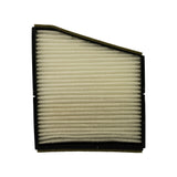 Front face of filter element viewed straight-on, showing full extent of white pleated media and black plastic frame. Top-left corner cut diagonally confirming asymmetric shape.