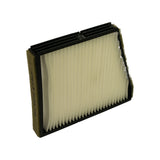 Short-side profile of filter showing ribbed black plastic frame structure, foam sealing strip on left edge, and depth of pleated media pack.