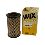 Filter element beside its original WIX Filters cardboard box. Box shows WIX logo in black on yellow/cream background, part number 42370 printed at bottom, handwritten A-103 on box front, DAMAGED label sticker affixed. Dana brand mark visible bottom right of box.