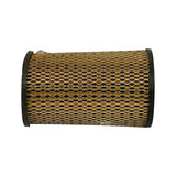 Filter laid on its side showing full length of expanded metal mesh body and both black end caps.