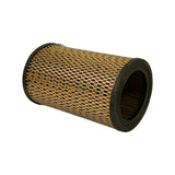 Angled side view showing slight taper of the filter — wider at one end than the other — with both end caps visible.