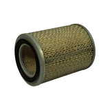 Angled side view of filter element showing cylindrical form, full-length expanded steel outer mesh over pleated paper media, and grey rubber end caps with black seal ring on the upper face.