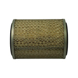 Side-on view showing the full width of the cylindrical element at its widest point. Expanded metal mesh outer casing over pleated paper media clearly visible; rubber end caps with black gasket ring visible at each end edge.