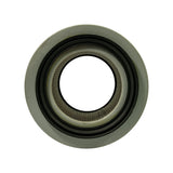 Top-down view of filter element showing open centre bore with inner expanded steel mesh, annular pleated paper media visible, and wide grey rubber outer rim with raised black rubber sealing gasket ring.