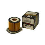 Filter element and open box side by side. Box back panel shows OE+ Equipment Plus logo and warranty statement. Front label with PMO1473 and WL7318 visible. Filter and its O-ring are partially unwrapped from clear plastic bag.